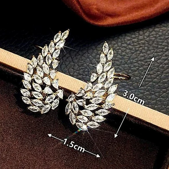 Gold Cubic Zircon Leaf Angel Wing Cuff Earrings - Picture 7 of 7